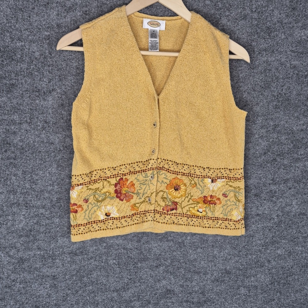 Vintage Talbots Yellow‎ Knit Button Up Sweater Vest Medium Floral Embroidered